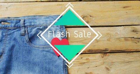 Flash sale denim promotion with rustic wooden background