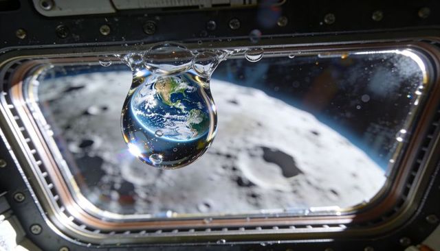 Microgravity water droplet refracting earth through spacecraft cupola over lunar craters