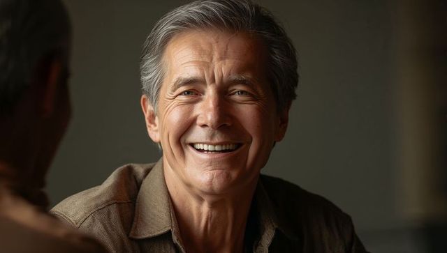 Smiling senior man making eye contact, warm close-up portrait, gray hair, genuine smile