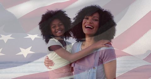 Happy Mother and Daughter at Beach with American Flag Overlay