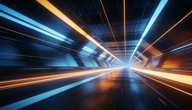 Rushing futuristic tunnel with neon blue and orange streaks converging to bright vanishing point