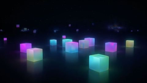 Glowing Neon Cubes Floating on Reflective Surface with Cosmic Nebula Ambient Lighting