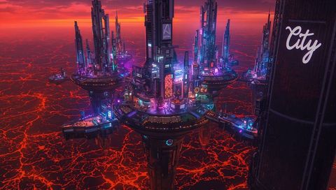 Futuristic Neon Metropolis Above Lava Landscape at Sunset