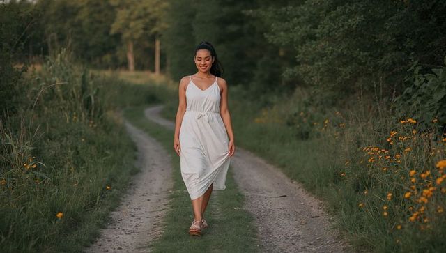 Woman walking on countryside trail in white midi dress among yellow wildflowers at dusk
