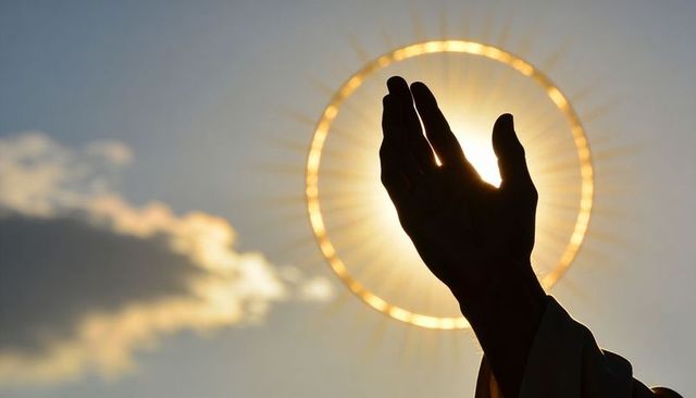 Silhouetted hand reaching through glowing sun halo at golden hour spiritual inspiration