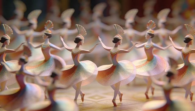 Pastel Iridescent Ballet Figurines Twirling on Patterned Stage with Glitter Tutus, Headdresses