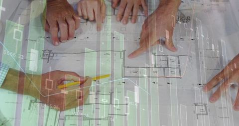 Architects and analysts collaborating over blueprints with financial charts