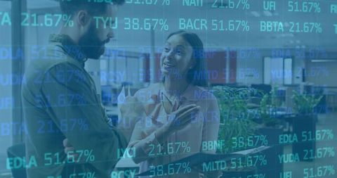 Colleagues collaborating in open office with stock ticker overlay and data visualization