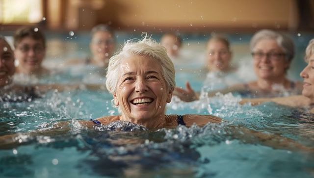 Senior woman enjoying synchronized swimming in community pool