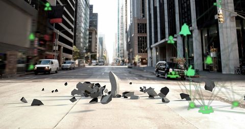 Falling Euro Symbol on Street with Digital Icons Illustrates Economic Challenges