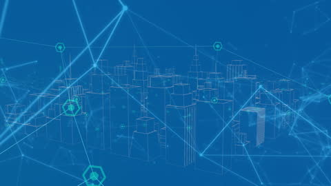 Digital Cityscape with Futuristic Network Grid