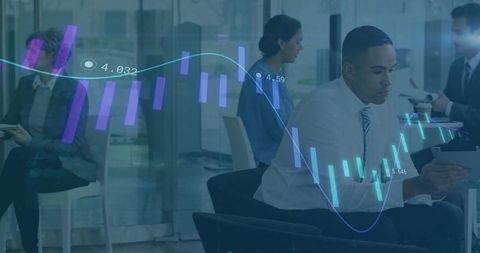 Business professionals in modern setting with financial chart overlay