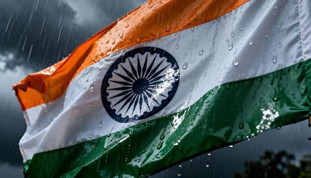 Indian flag waving in heavy rain with ashoka chakra droplets and dramatic stormy sky