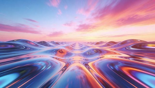 Glittering metallic liquid sea reflecting vibrant sunset sky with glossy ripples and symmetry
