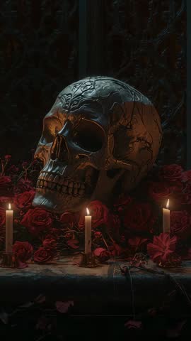 Flickering Candles Animating Skull on Altar with Red Roses, Gothic Vertical Mood Video