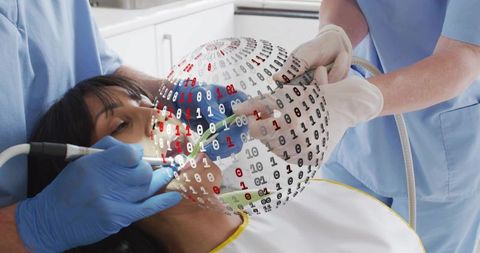 Patient receiving dental treatment with binary data overlay, technology concept