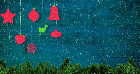 Image depicts red Christmas decorations like a bell, star, reindeer, and heart hanging against a vibrant blue snowy background. Ideal for promoting holiday themes, use in Christmas cards, or festive event designs. This serene winter scene can enhance invitations, digital content, and seasonal promotions.