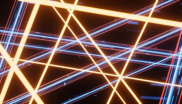 Intersecting neon beams forming triangular light grid in orange and blue futuristic glow