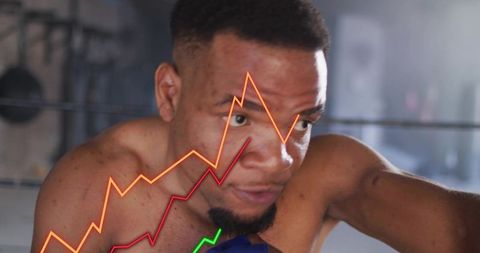 Bare-chested boxer throwing punch in gritty gym with rising performance graph overlays