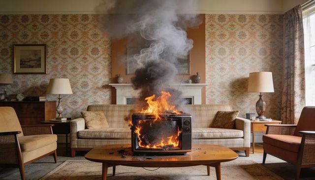 Burning crt television emitting black smoke in midcentury living room with floral wallpaper