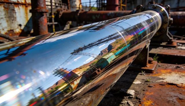 Polished chrome pipeline reflecting rusted cranes, tanks in derelict industrial yard