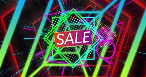Neon Geometric Sale Banner with Vibrant Hexagon, Triangle, Circles, Radial Light Streaks