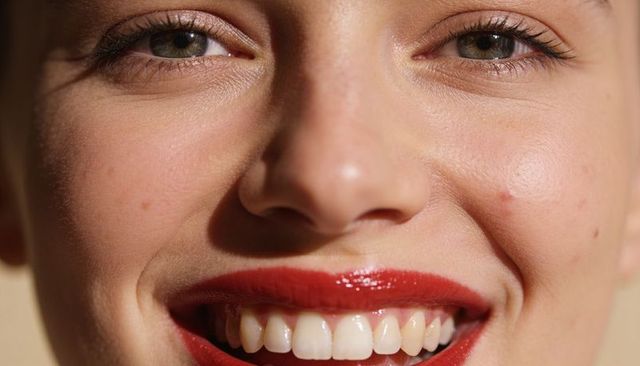Smiling woman showing glossy red lips and radiant teeth close-up for beauty advertising
