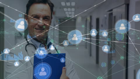 Doctor in Hospital Corridor with Digital Network Overlay