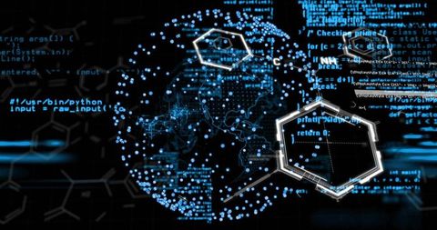 Global Data Globe Visualizing Network Nodes with Neon Hex HUD and Python Code Overlay