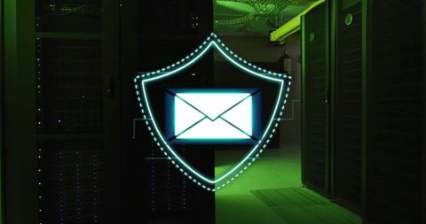 Holographic shield protecting email traffic in neon data center aisle for cybersecurity