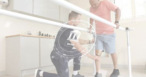 Therapist adjusting prosthetic knee during gait training with parallel bars and hud overlay
