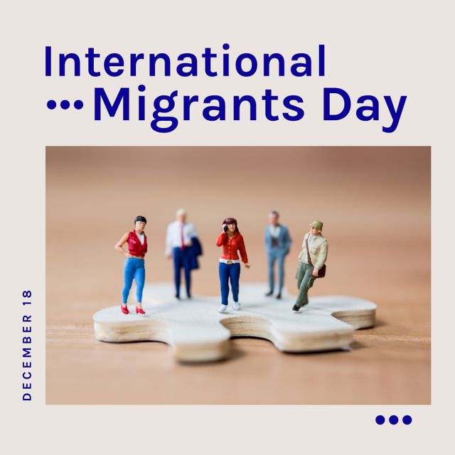 Composition of international migrants day text over people figurines on puzzle piece. International migrants day and migration concept digitally generated image.