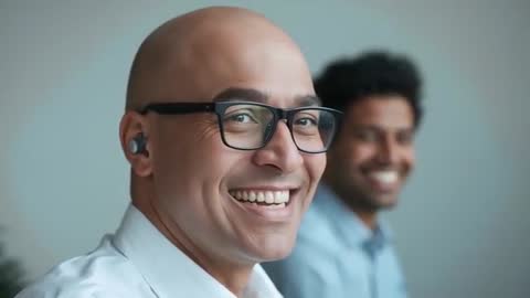 Confident professional smiling while wearing earbud glasses during collaborative office meeting