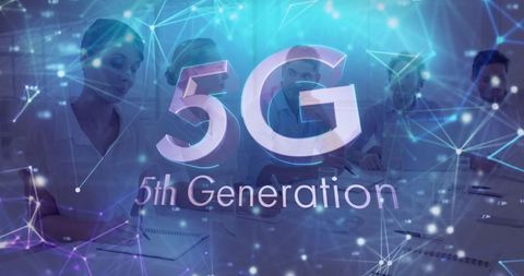 Business Team Collaborating with 5G Technology Concept Overlay