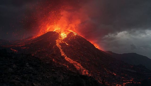 Erupting Volcano at Night Throwing Lava Fountains and Glowing River of Lava Down Flank