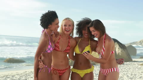 Group of Women Enjoying Beach Selfie, Smiling and Laughing