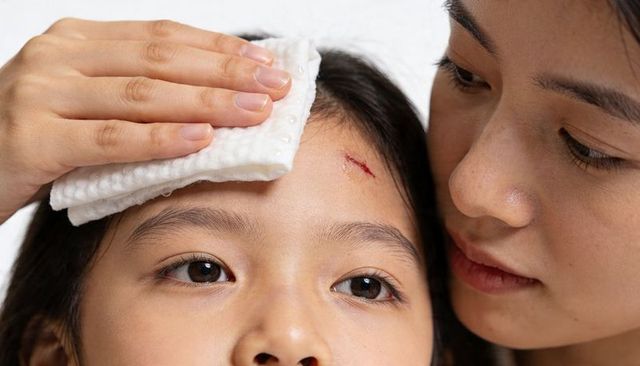 Caregiver applying gauze to child's forehead wound, closeup first aid and parent care