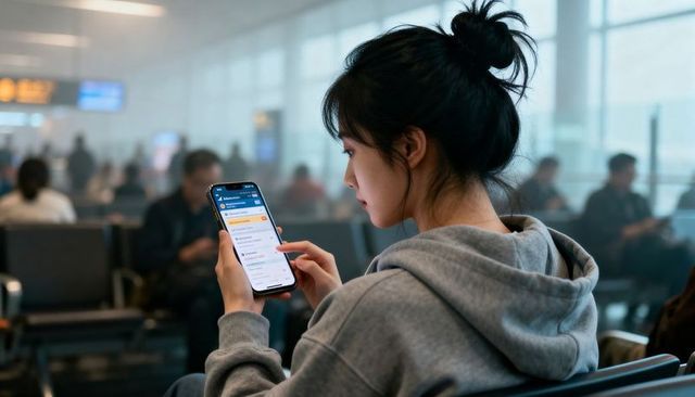 Asian woman scrolling smartphone at airport gate wearing grey hoodie, waiting in modern terminal