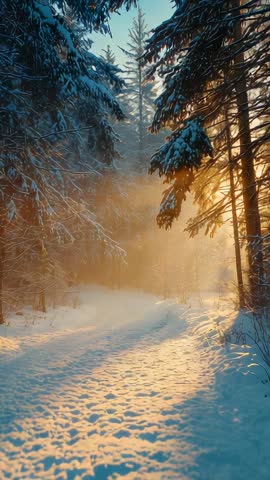 Sunrise Mist Illuminating Snowy Forest Path Vertical Video for Winter Tranquility