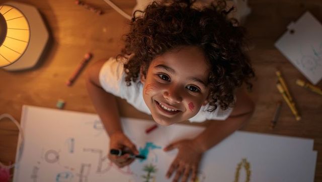 Smiling curly-haired child drawing and doodling at wooden table under warm lamp light