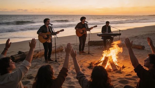 Trio performing acoustic guitar and piano around bonfire on sunset beach