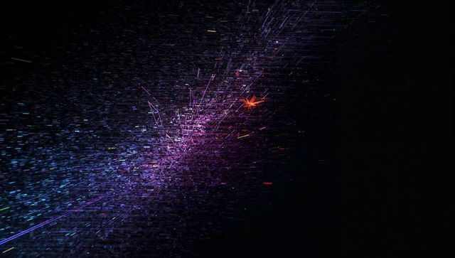 Neon data burst: magenta-purple particle stream racing through celestial digital void