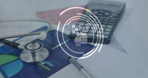 Stethoscope and calculator placed on business documents with digital interface icons overlayed represent integration of technology and healthcare finance. Ideal for illustrating digital medical business concepts, advances in healthcare technology, and financial analysis in healthcare industries.