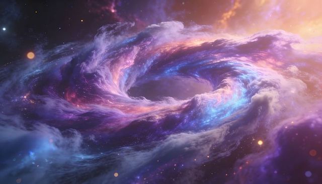Ethereal spiral nebula vortex revealing dark void with glowing gas filaments in space