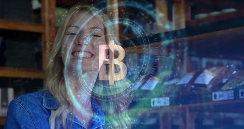 Smiling Woman with Crypto Hologram in Store Room Environment