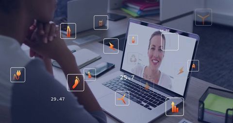 Virtual energy meeting with AR analytics on laptop for remote sustainability collaboration