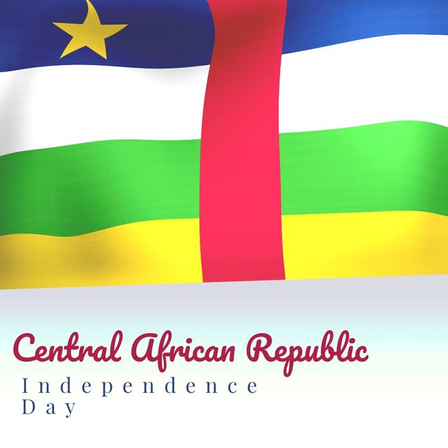 Bright illustration depicting Central African Republic's flag and the text 'Independence Day.' Perfect for celebrating national holidays, cultural events, or promoting national pride. Useful for social media posts, educational materials, event invitations, or cultural awareness campaigns.
