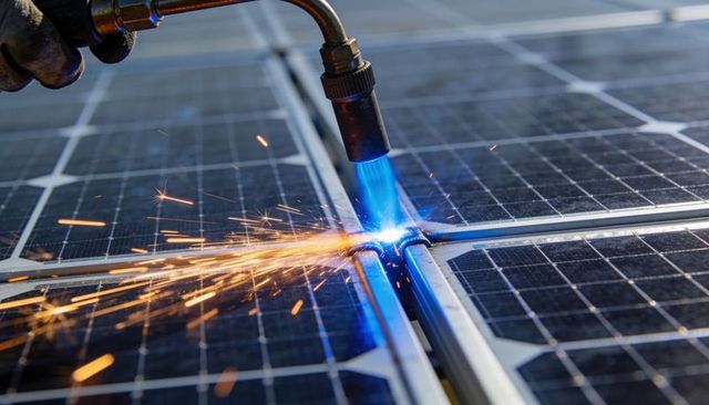 Welding solar panel rail with blowtorch producing blue flame and flying orange sparks