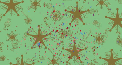 Festive Confetti with Christmas Patterns on Green Background Animation