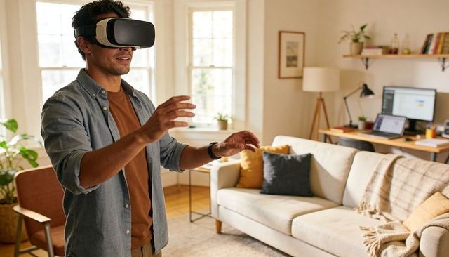 Young man exploring virtual reality in bright home office living room with laptop